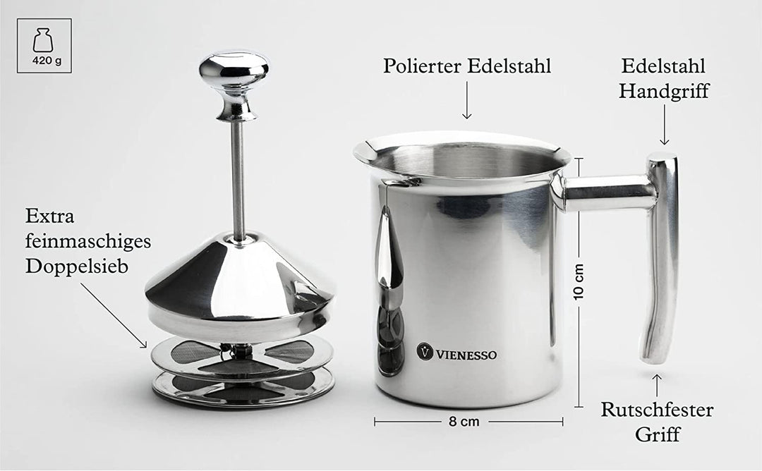 Manueller Hand-Milchaufschäumer aus Edelstahl mit Mesh-Sieb